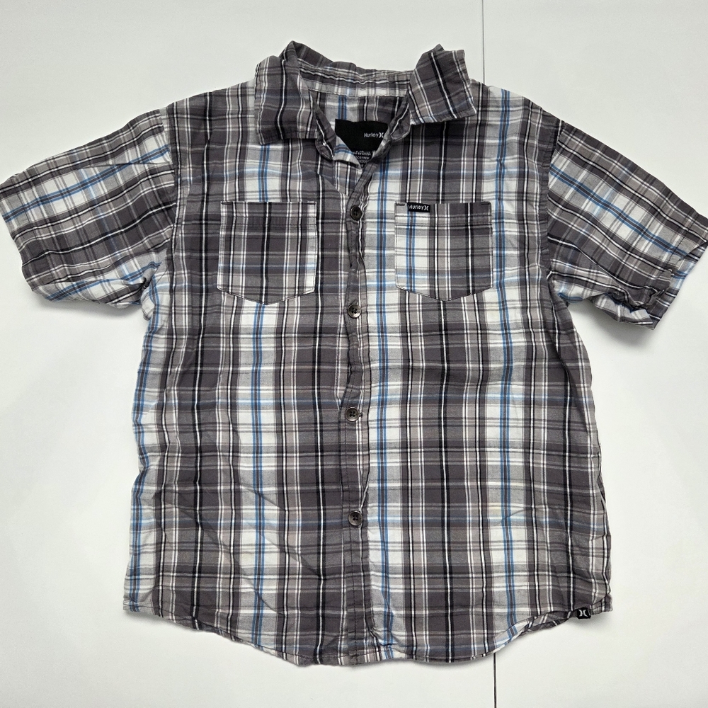 Hurley Boys Size 6 Button Down Shirt Plaid Gray White Blue Black Short Sleeve